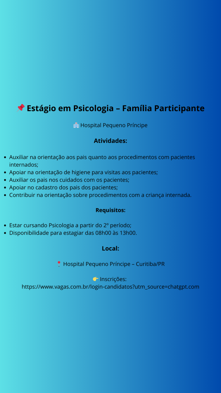 📌 Vaga de Estágio – Recursos Humanos (RH) Principais Atividades Apoiar os processos de recrutamento e seleção (triagem de currículos, agendamento de entrevistas, retorno a candidatos). Auxiliar n