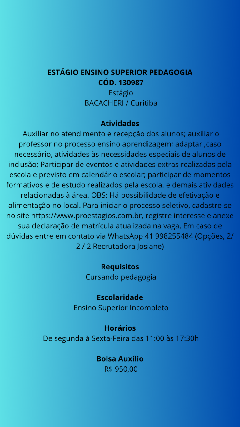 📌 Vaga de Estágio – Recursos Humanos (RH) Principais Atividades Apoiar os processos de recrutamento e seleção (triagem de currículos, agendamento de entrevistas, retorno a candidatos). Auxiliar n (2)